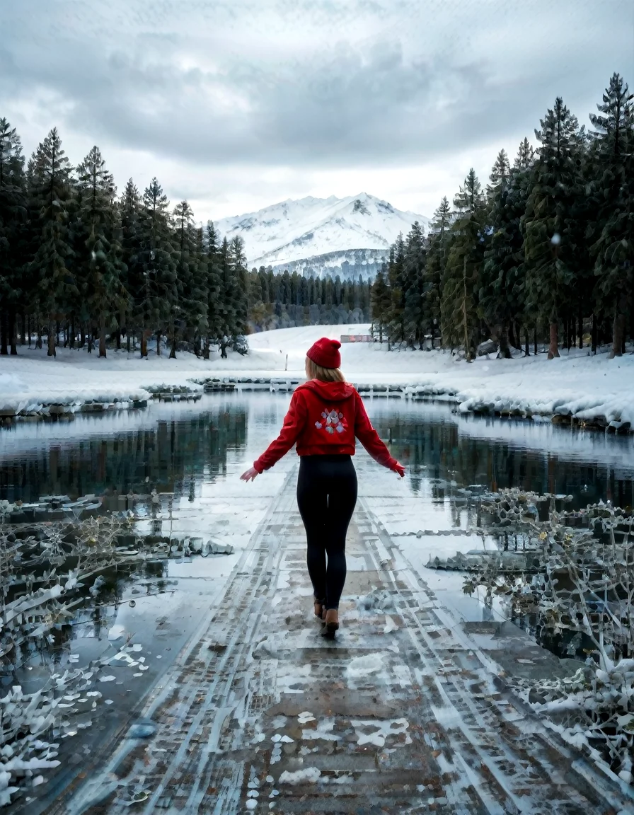 (sharp focus, 8K Resolution, golden hour, light leak, real life:1.4)shot from behind, petite gorgeous brunette white girl, (((narrow waist, insanely wide hips, insanely big ass))), jumping for joy, happy, showing off her ass, in a SNOWY LANDSCAPE, beanie, sweater, (black spandex leggings), <lora:EnvyZoomSliderXL01:-2>, sitting on the ground in a field, topless ((snow, winter, snowflakes, trees in the distance, icey pond)) <lora:WhiteScene:0.89> whitescene, snowing, snow, snow everywhere, ice