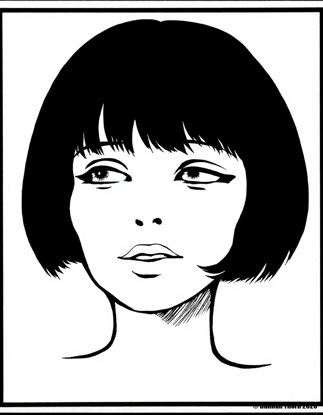 A black and white line drawing of a woman's face, framed in a square. The woman has a bob cut with blunt bangs, and her eyes are looking directly at the viewer. Her lips are slightly parted, and she has a small nose. The background is plain white. The drawing is simple and minimalist, with no additional details or shading.<lora:_Flux\Crepax_Valentina.safetensors:1.0:1.0>