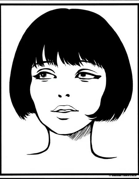 A black and white line drawing of a woman's face, framed in a square. The woman has a bob cut with blunt bangs, and her eyes are looking directly at the viewer. Her lips are slightly parted, and she has a small nose. The background is plain white. The drawing is simple and minimalist, with no additional details or shading.<lora:_Flux\Crepax_Valentina.safetensors:1.0:1.0>