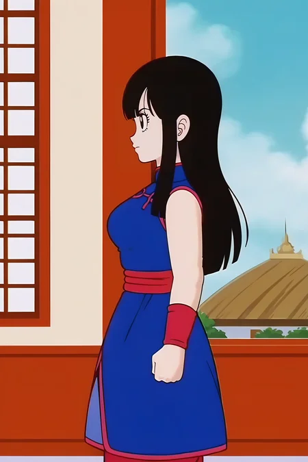 source_anime, score_9, score_8_up, score_7_up, anime screencap,8k, absurdres,
chi-chi, aged up, (((hair down))), 1girl, solo, long hair, breasts, bangs, world martial arts tournament arena, black hair, mountain, bare shoulders, medium breasts, closed mouth, standing, sleeveless, black eyes, from side, profile, sleeveless dress, blue dress, chinese clothes, red wristband, straight hair, arms at sides, red sash, red pants, arm at side,
<lora:chichidb_pony_v2:0.8>