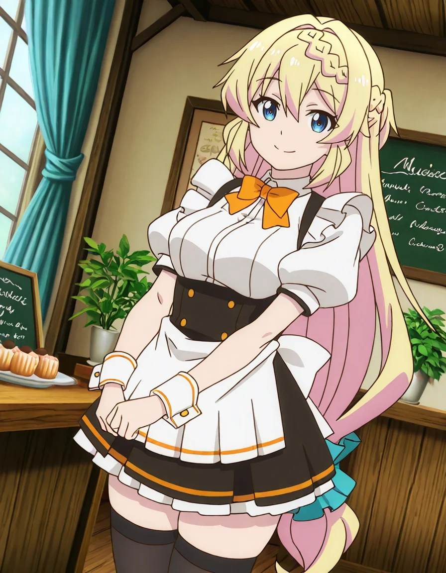 Azusa Aizawa  (slime 300nen),anime coloring,blue eyes,blonde hair,very long hair,low-tied long hair,scrunchie,bangs,french braid,waitress,orange bowtie,puffy short sleeves,wrist cuffs,white shirt,waist apron,black skirt,black thighhighs,explicit,1girl,
(dynamic angle:1.2),
looking at viewer,
smile,
medium breasts,
mildly perky breasts,shapely breasts,soft breasts,smooth curvature, visible cleavage, realistic breasts shape,balanced proportions,realistic proportions,natural breasts,natural looking breasts,hair between eyes,slim,curvy,(narrow waist:0.1),(wide hips:0.7),thick thighs,perfect anatomy,natural body,shapely body, smooth curves, defined waistline, soft shadows,elegant posture,detailed body,skindentation,matte skin,smooth skin,deep skin,soft brightness,skin shading,matte lighting,detailed mouth,kawaii,moe face,(bold),strong outlines,clean lineart,harsh lines,
(anime screencap,anime coloring,anime screenshot),anime style, Japanese anime, cel-shading, clean lineart, vibrant colors, sharp facial features, 2D illustration, anime screencap style,anime background scenery,detailed linework,intricate details,(masterpiece,best quality,amazing quality,16k,newest,very aesthetic,absurdres),highres,vibrant irises,ultra-detailed,perfect hands,five fingers,detailed hands,fantasy wooden cafe interior, cozy medieval coffee shop, carved wood furniture, polished wooden floor, exposed wooden beams, stained glass windows, elegant curtains, sunlight filtering through windows, decorative plants, teacups on tables, pastries on display, handwritten menu board, embroidered cushions, charming small tables, rustic elegance, warm and inviting atmosphere, high fantasy setting,
 <lora:ã¹ã©ã¤ã åãã¦300å¹´ç¥ããªããã¡ã«ã¬ãã«MAXã«ãªã£ã¦ã¾ããã¢ãºãµã¢ã¤ã¶ã¯illustriousslime_taoshite_300nen_shiranai_uchi_ni_Level_MAX_ni_nattemashitaAzusa_Aizawaillustrious:0.8>