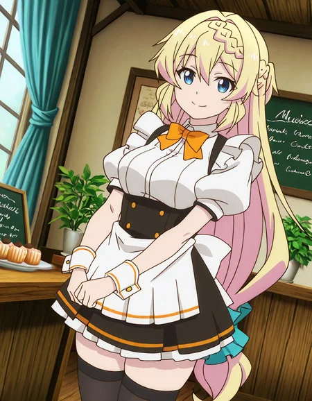 Azusa Aizawa (slime 300nen),anime coloring,blue eyes,blonde hair,very long hair,low-tied long hair,scrunchie,bangs,french braid,waitress,orange bowtie,puffy short sleeves,wrist cuffs,white shirt,waist apron,black skirt,black thighhighs,explicit,1girl,
(dynamic angle:1.2),
looking at viewer,
smile,
medium breasts,
mildly perky breasts,shapely breasts,soft breasts,smooth curvature, visible cleavage, realistic breasts shape,balanced proportions,realistic proportions,natural breasts,natural looking breasts,hair between eyes,slim,curvy,(narrow waist:0.1),(wide hips:0.7),thick thighs,perfect anatomy,natural body,shapely body, smooth curves, defined waistline, soft shadows,elegant posture,detailed body,skindentation,matte skin,smooth skin,deep skin,soft brightness,skin shading,matte lighting,detailed mouth,kawaii,moe face,(bold),strong outlines,clean lineart,harsh lines,
(anime screencap,anime coloring,anime screenshot),anime style, Japanese anime, cel-shading, clean lineart, vibrant colors, sharp facial features, 2D illustration, anime screencap style,anime background scenery,detailed linework,intricate details,(masterpiece,best quality,amazing quality,16k,newest,very aesthetic,absurdres),highres,vibrant irises,ultra-detailed,perfect hands,five fingers,detailed hands,fantasy wooden cafe interior, cozy medieval coffee shop, carved wood furniture, polished wooden floor, exposed wooden beams, stained glass windows, elegant curtains, sunlight filtering through windows, decorative plants, teacups on tables, pastries on display, handwritten menu board, embroidered cushions, charming small tables, rustic elegance, warm and inviting atmosphere, high fantasy setting,
<lora:ã¹ã©ã¤ã åãã¦300å¹´ç¥ããªããã¡ã«ã¬ãã«MAXã«ãªã£ã¦ã¾ããã¢ãºãµã¢ã¤ã¶ã¯illustriousslime_taoshite_300nen_shiranai_uchi_ni_Level_MAX_ni_nattemashitaAzusa_Aizawaillustrious:0.8>