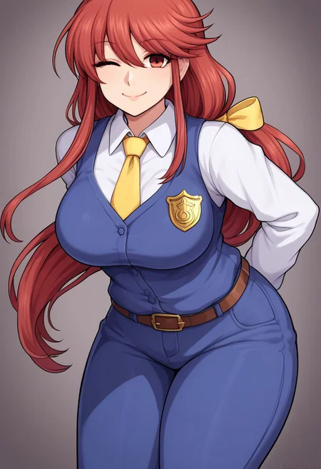 score_9, score_7_up, source_anime, source_cartoon, perfect face, EyesHD, BREAK, (illustration), intricately detailed illustration, Exquisite color design, (best quality, ultra detailed), smooth skin, high details, (1girls), mature female, beauty, thick thighs, big breasts,  kotohime (touhou), long hair, red hair, low-tied long hair, hair bow, yellow bow, red eyes, white shirt, collared shirt, long sleeves, yellow necktie, blue vest, brown belt, blue pants, hands behind back, bent forward, looking at viewer, wink, wide smile, closed mouth, simple background, police badge,