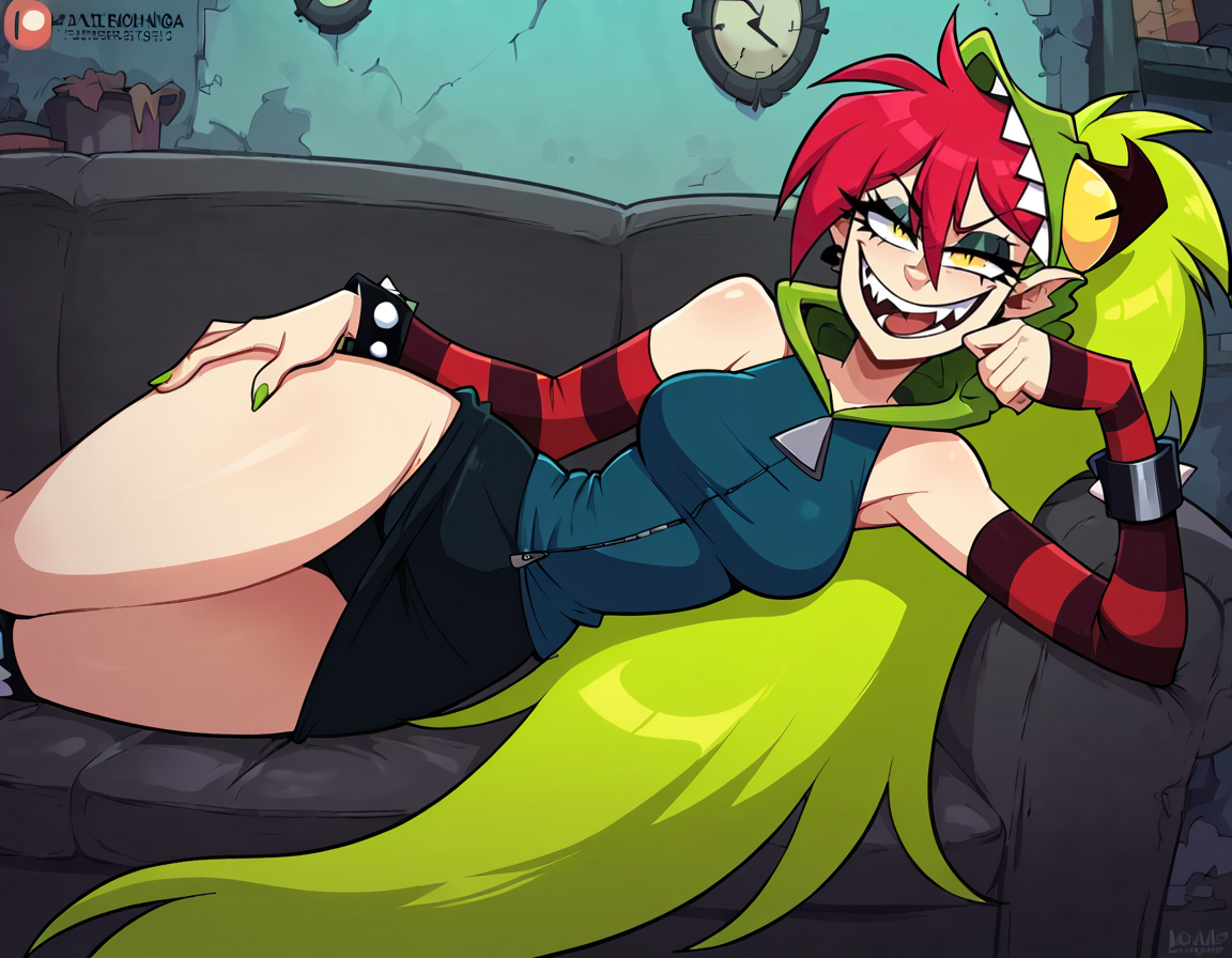 (source_cartoon), score_8, score_7_up, score_6_up, score_5_up, 1girl, demencia, wide hips, narrow waist, looking at viewer, indoors, smug, smirk, sharp teeth, red hair, green ponytail, yellow eyes, wide hips, narrow waist, single striped sock, anklet, dark blue hoodie, unzipped, perky breasts, lying, on side, couch, sleeveless, green monster hood, black skirt, single striped sleeve,  <lora:DemenciaSDXL-000005:0.80>   <lora:Smooth Anime 2 Style SDXL_LoRA_Pony Diffusion V6 XL:1>