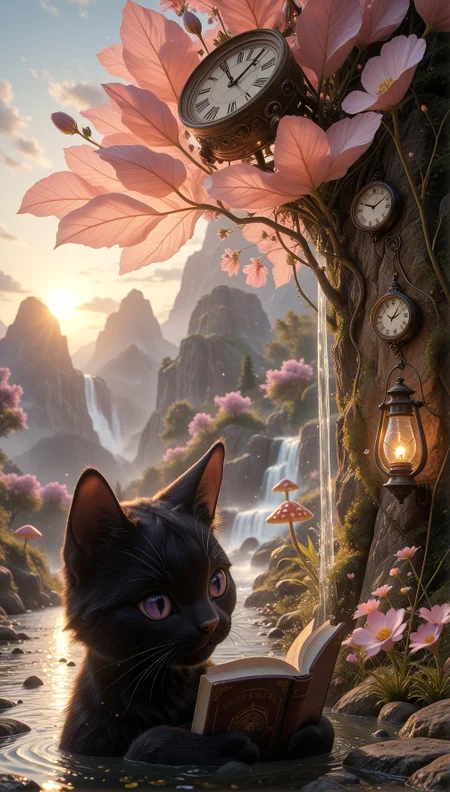 A digital painting of a cute black cat with closed eyes, sitting in a river at night, reading a book. The cat is surrounded by a serene, magical landscape with mountains, a waterfall, and a waterfall in the background. The sky is a beautiful mix of pink and purple hues, with a few clouds scattered across it. A large, leafy clock hangs above the cat's head, casting a warm glow. The scene is illuminated by a warm, golden light, creating a dreamy, ethereal atmosphere..
,
masterpiece, best quality, amazing quality, very aesthetic, perfect, eyes, grown, 24yo, photorealistic, (USNR),
,solo, holding, flower, outdoors, sky, cloud, water, tree, book, no_humans, animal, cat, grass, plant, scenery, pink_flower, holding_book, partially_submerged, sunset, rock, lantern, water_drop, open_book, mountain, sun, clock, reading, lamp, fantasy, animal_focus, black_cat, mushroom, mountainous_horizon, whiskers, waterfall, black_fur