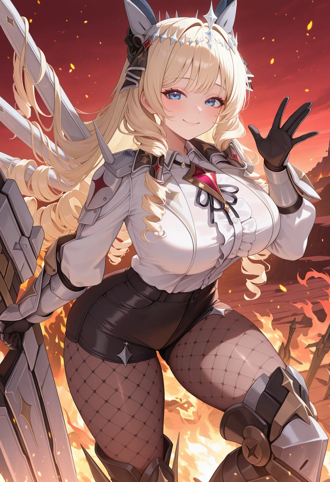 masterpiece, best quality, absurdres, highres, newest, 1girl, solo,  <lora:crown-nikke-richy-v1_ixl:1> crwndf, blue eyes, blonde hair, long hair, drill hair, drill sidelocks, tiara, hair ornament, headgear, large breasts, white jacket, white shirt, brooch, center frills, black shorts, high-waist shorts, gauntlets, black gloves, mechanical wings, shoulder armor, fishnet pantyhose, pantyhose, thighs, armored boots, black boots, waving, looking at viewer, closed mouth, blush, smile, fire, red sky, light particles, embers, huge weapon, planted, knee up, standing,
