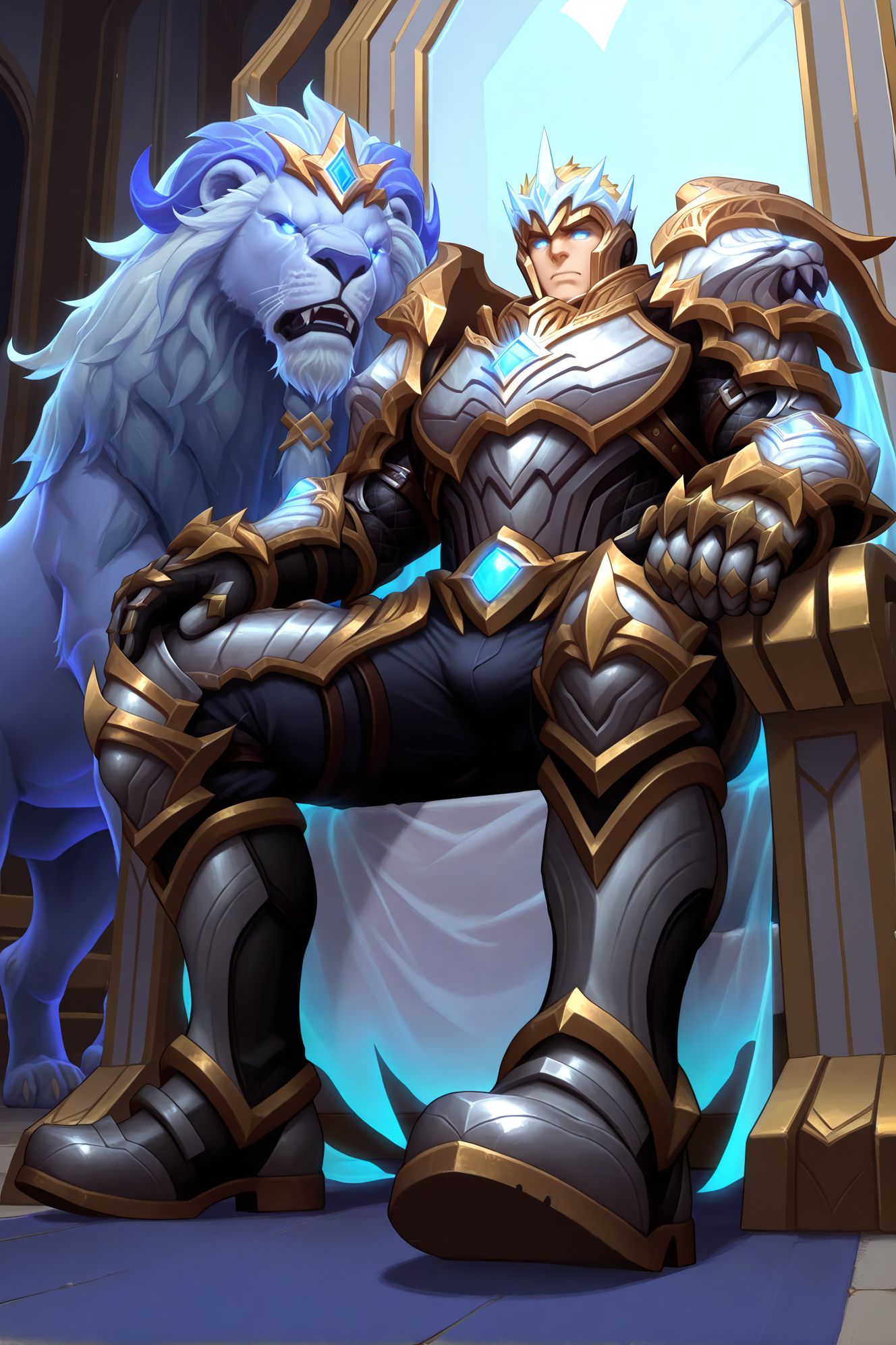 1boy,blue eyes,glowing eyes,blonde hair,muscular male,mature male,bara,full body BREAK
(masterpiece, best quality, high quality, absurdres, high detail),(1boy,solo,mature male) BREAK
sitting,throne,dominant,from below,perspective,hand on leg,sitting,foot focus,boots,
animal,blue lion,transparent lion,lion in background,
god-king_garen,god-king armor,god-king helmet,shoulder armor,gauntlets,transparent cape,armor,cape,helmet,
<lora:hand 5.5:1>,<lora:add-detail-xl:1>,<lora:4k:1>,<lora:god-king__garen:0.8>,<lora:sn0w:1>,, <lora:Expressive:0.8>,