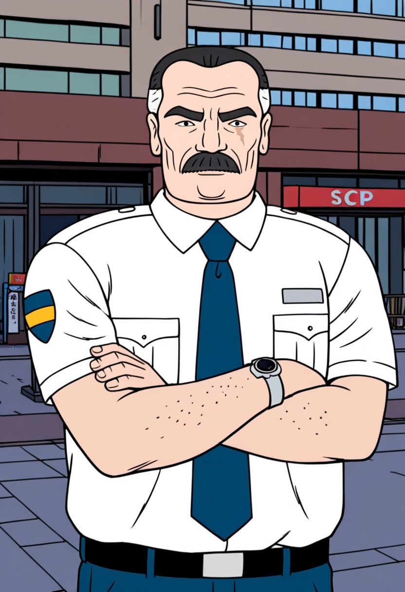 score_9, score_8_up, score_7_up, simple, flat style, gr1mes, human, middle-aged, thick eyebrows, black hair, white hair on side, mustache, eye scar, uniform, white collar shirt, blue tie, blue pants, watch, front view, looking at viewer, neutral expression, crossed arms, quarter body shot, city background.