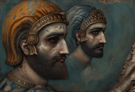 He changed his mind about all the settlements whose sanctuaries were in ruins and the population of the land of Sumer and Akkad who had become like corpses, and took pity on them.
He inspected and checked all the countries, seeking for the upright king of his choice.
style of Qajar art, FastNegativeV2, green eyes, blue eyes, brown eyes, perfecteyes