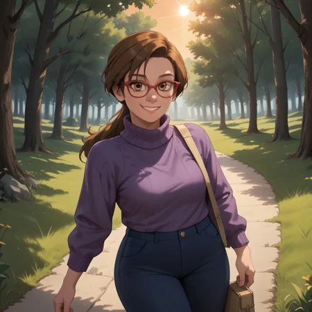 score_9, score_8, BREAK, solo, brown hair, ponytail, brown eyes, red glasses, dark purple sweater, dark blue pants, black sandals, Jill_Andersen_(Inside_Out), sexy pose, self portrait, smile, outdoors, sunlight, shadows, evening lighting, natural lighting, forest, trees, grass, orange sky, sunset