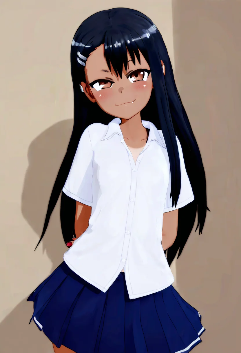 masterpiece, best quality, 1girl, solo, eyelashes, (beautiful eyes), nagatoro hayase, long hair, bangs, black hair, brown eyes, hairclip, fang, dark skin, tanline, skirt, shirt, school uniform, white shirt, pleated skirt, nail polish, blue skirt, red nails, earclip, smug, hands behind back, smile, looking at viewer, white outline, cowboy shot, wall, <lora:MantisNAI:0.7>,