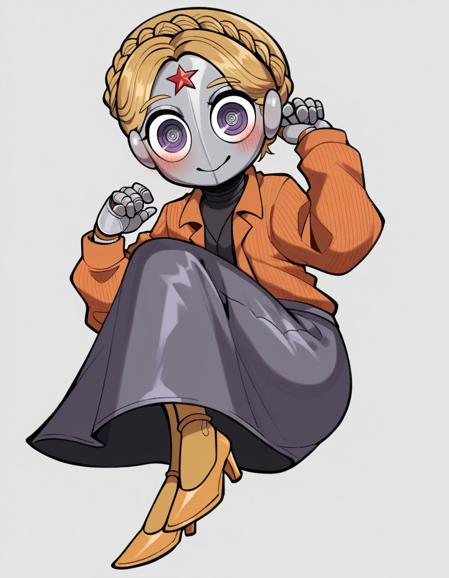 score_9, score_8_up, score_7_up, score_6_up, score_5_up, score_4_up, 1girl, solo,
<lora:CWew33-20:0.9>  cwew, sketch, flat color, (round eyes:1.2), purple flannel shirt, purple long skirt, yellow thighband pantyhose, high heels, looking at viewer, light smile, ear blush,
atomic heart, left \(atomic heart\), right \(atomic heart\), robot girl,