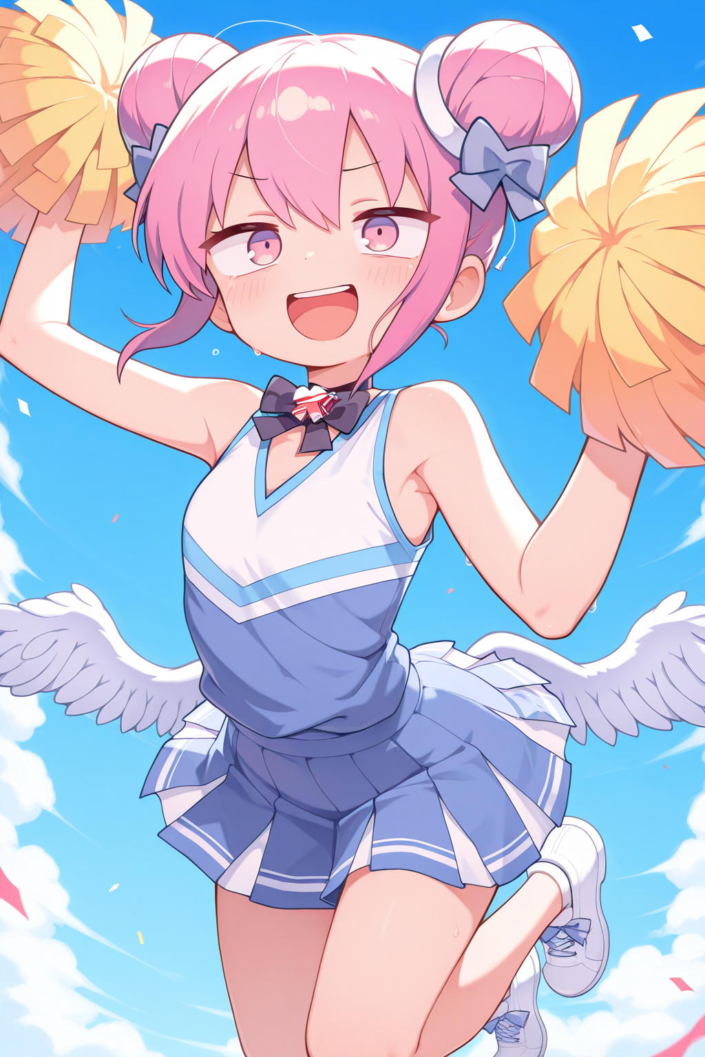 1girl,
DadadadaTenshiMusicVideo,
general, solo, perspective, dynamic angle,
double bun, bow choker, black bowtie, gem,
cheerleader,
jumping, smile, open mouth, w arms,
 pom pom \(cheerleading\),
blue sky,
<lora:kp_DadadadaTenshiMusicVideoIllustrious_v1_0:1.0>,
masterpiece, best quality, amazing quality