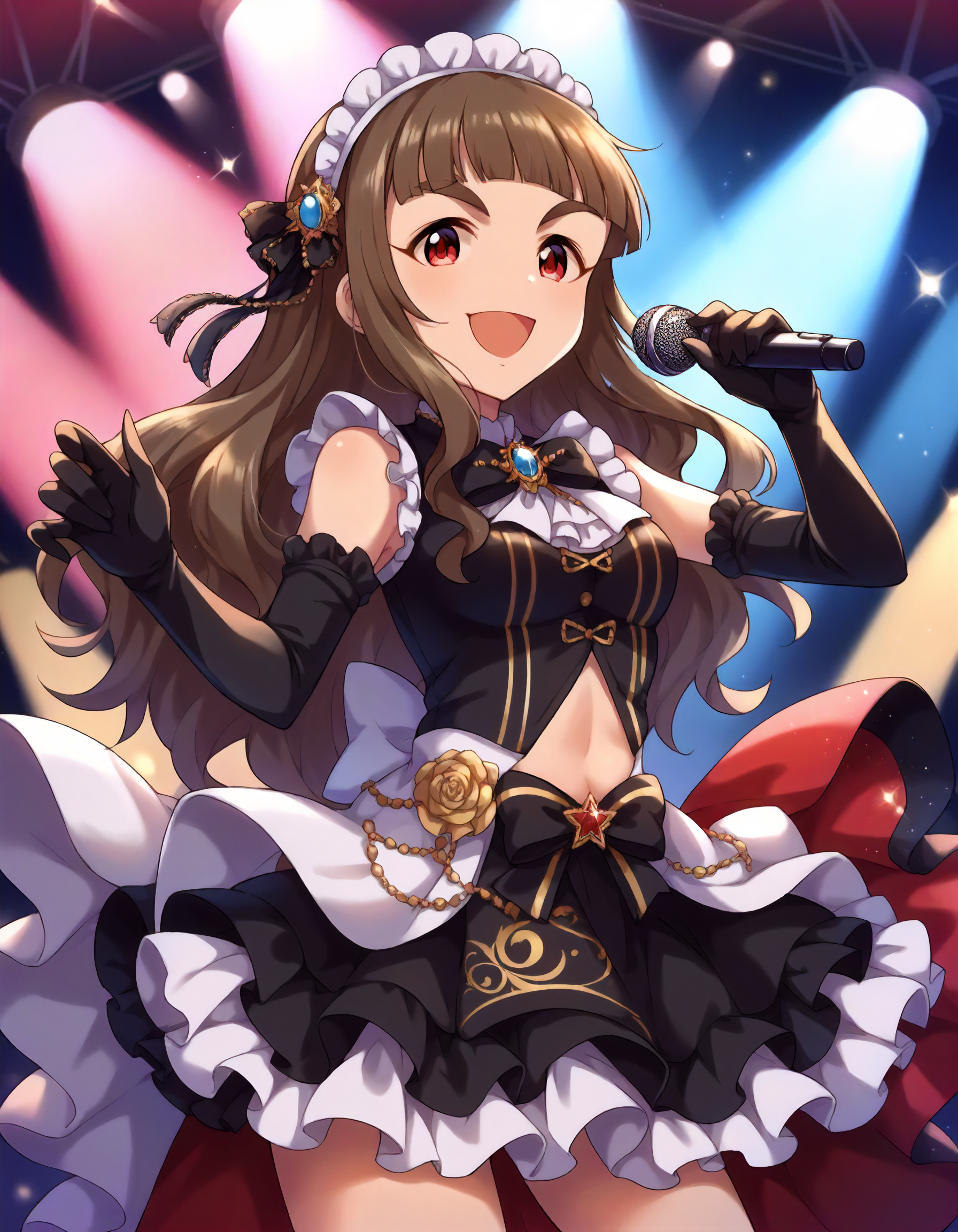 score_9,score_8_up,score_7_up,1girl,solo,cowboy shot,looking at viewer,smile,open mouth,holding microphone,stage lights,
<lora:kamiyanao_ponyXLV6:0.8>,cgknao,
brown hair,long hair,blunt bangs,thick eyebrows,red eyes,
black headdress,frills,sleeveless,navel,black elbow gloves,skirt