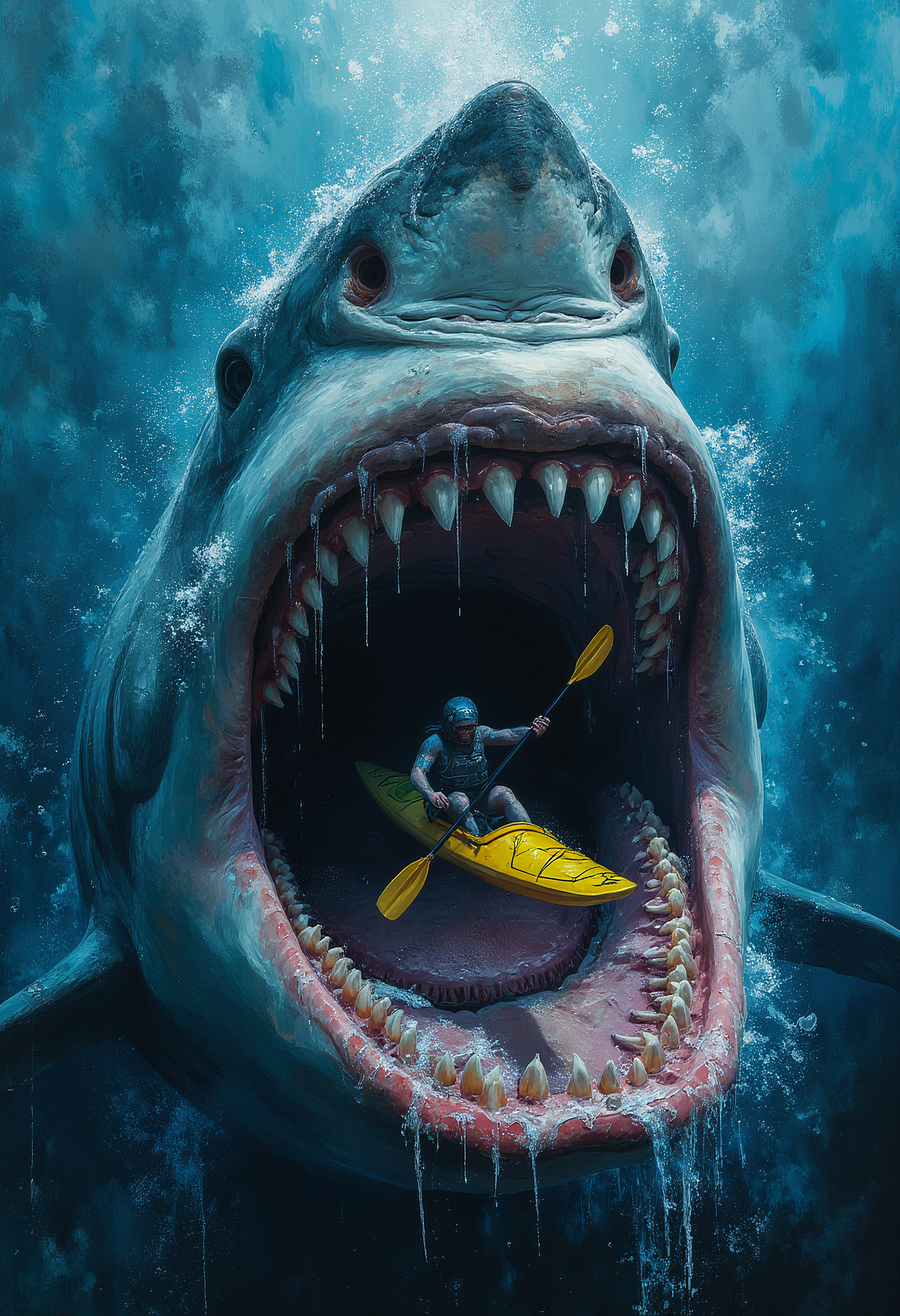 A kayaker kayaking into a giant open shark mouth, saliva dripping from the upper teeth, vibrant glow