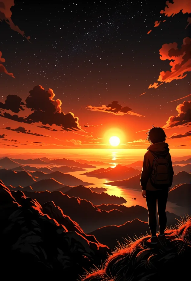 golden hour scene of a person standing alone on a mountain cliff. The scene captures the bright moonlight casting warm tones across the landscape, with stars shimmering faintly in the sky in the distance. The figure is wearing a backpack, adding a sense of adventure to the image.} bv-stuanilan<lora:bv-stunning-anime-landscape-v1.safetensors:1.0:1.0>