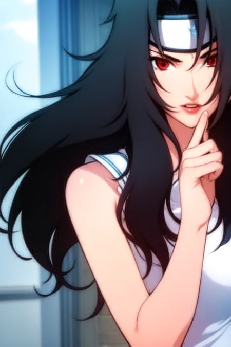 1girl, long hair, black hair, solo, looking at the viewer, forehead protector, red eyes