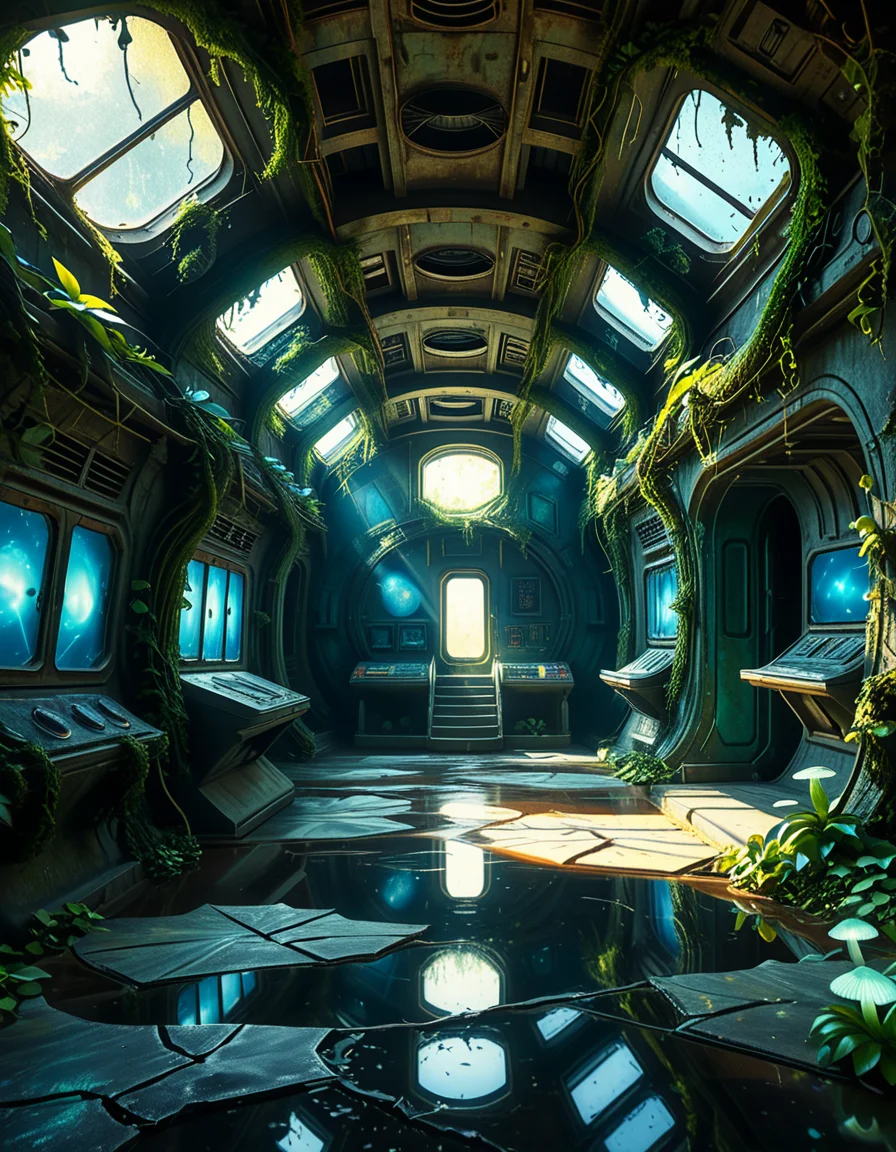 The interior of an ancient abandoned spaceship, overtaken by lush vegetation. The walls and ceiling are covered in thick, twisting vines and moss. Strange alien plants glow faintly in shades of blue and green, casting an eerie, mystical light across the metallic surfaces. Rusted control panels and shattered glass windows hint at a long-forgotten past. The floor is cracked and partially flooded with still, reflective water. Patches of bioluminescent fungi cling to the corners, adding a surreal atmosphere. The air feels heavy with moisture, and beams of soft, diffused light filter through holes in the hull, creating dramatic shafts of light and shadow. The overall style is hyper-realistic, rich in textures, with a cinematic and slightly melancholic mood.<lora:SDXLFaeTastic2400:0.4> <lora:extremely_detailed:0.4> extremely detailed,<lora:ancient_abandoned_sp4c3sh1p:1>,ancient abandoned sp4c3sh1p, Masterpiece,best quality,hi res,8k,hi res,8k,award winning,(sharp focus, intricate, highly detailed),