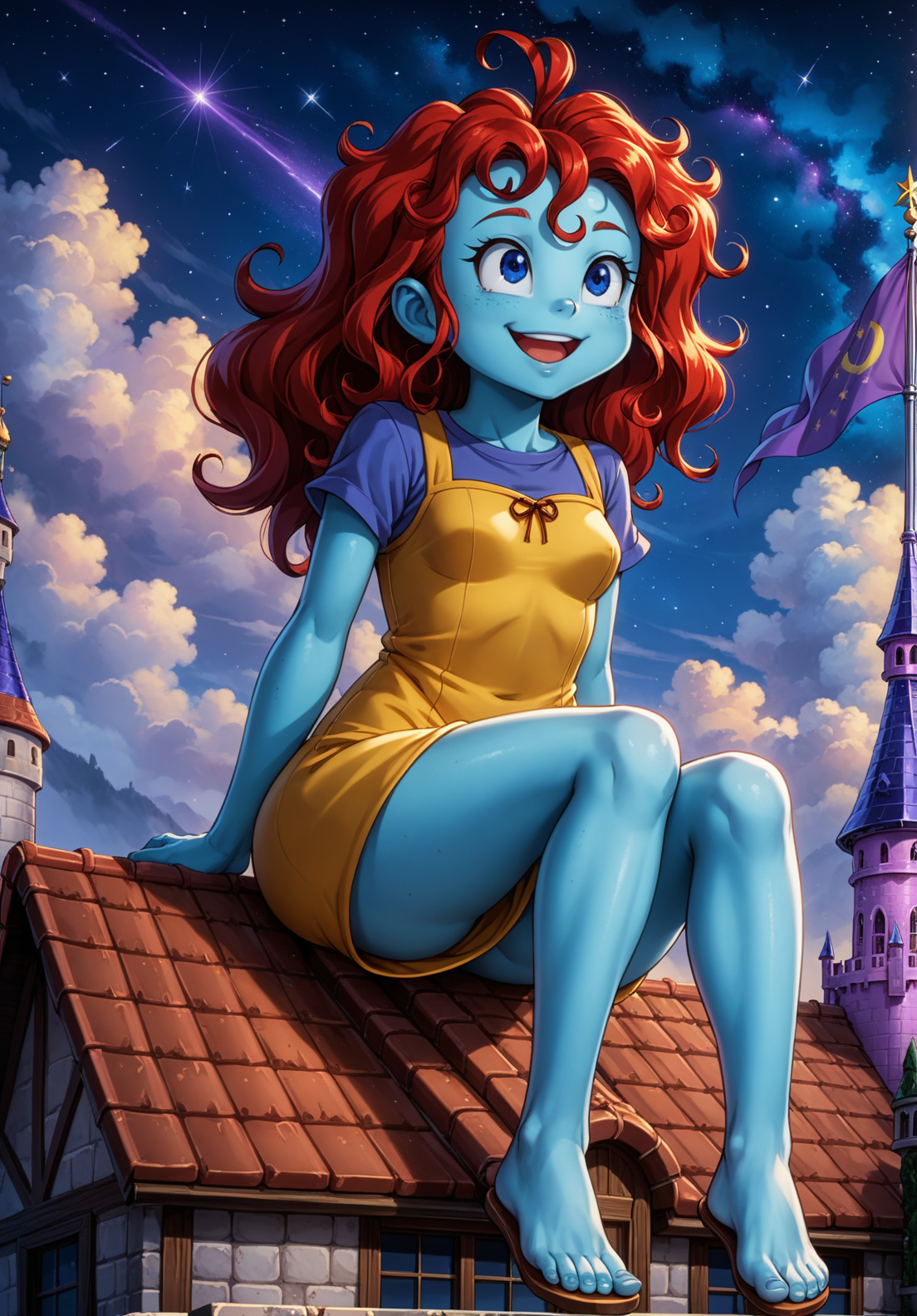 score_9, score_8_up, score_7_up, source_anime BREAK, 1girl, solo, solo focus, Pooky(dragon tales), Pookypony, monster girl, full body, colored skin, blue skin, blue eyes,  red hair,  small breasts, blue shirt, yellow dress, bare feet, bare legs, wide hips, smile,   looking up at the sky, open mouth, legs hanging, sitting on edge,  purple roof, sitting on roof, purple castle tower, purple flag,  purple tower, roof, clouds, night, starry sky, shooting stars,  <lora:Pooky_the_GiantDragon_Tales:0.8>