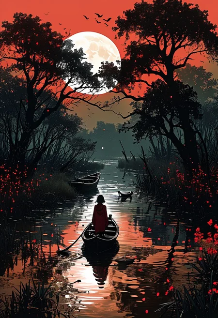 linquivera, Ink illustration, (anime:0.5), brown tones, aged black red paper, inkpunk, moonlight,surreal, a ghost standing on a boat in swampy wetlands, (at a distance), Will-o'-the-wisp, moonlit, lonely, solitude, windy, tall trees, willows, willowy, OverallDetail, extremely detailed, UHD,(long exposure , dystopian but extremely beautiful:1.4),
