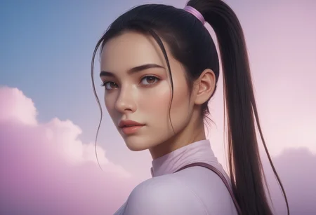 (((masterpiece))) , (((best quality))) , 2d, 8k. 1 woman, high ponytail, brown eyes, surrounded by pink mist, SeijSDXL <lora:SeijSDXL-000001:0.8>