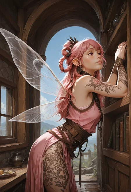 very awa, lineart, watercolor, negative space, [sei shoujo], [yoshiten], style parody, [bang dream!], [arcane: league of legends], [league of legends], (cowboy shot:1.9), (from side:1.5), (perspective ,depth of field) BREAK woman, solo, <lora:NM_Gelfling:0.8> NM_Gelfling, pointy ears, <lora:w1ngsXLP:0.6> w1ngs, fairy wings, peach hair, braided hair_rings hair, pink eyes, freckles , celtic tattoo, (alabaster skin:1.2), wiry body, mature, thick waist, medium breasts, perfect hands, metallic lips, looking ahead, (aroused), BREAK cleric, wearing sleeveless (detailed medium pink fabric inner cassock), holy symbol, scapular, flats, BREAK fantasy, indoors, opulent castle, (stone walls), wood floors, dining hall, glowing orbs,, standing, bent over, arm support , arms resting, against bookshelf, summer, day, cool hard light, blue sky, wind,, dynamic lighting BREAK <lora:Expression_Detailer_Illustrious_Lora:0.7> <lora:Echodove-ILLU:0.6> <lora:DarkerThanDarkIllustriousV1:0.5> <lora:Relatively_Default_V1_Illu_Edition:0.6> RD-Illu, <lora:Stunning_Art_-__Landscape__Background-000009:0.6> st_landscape