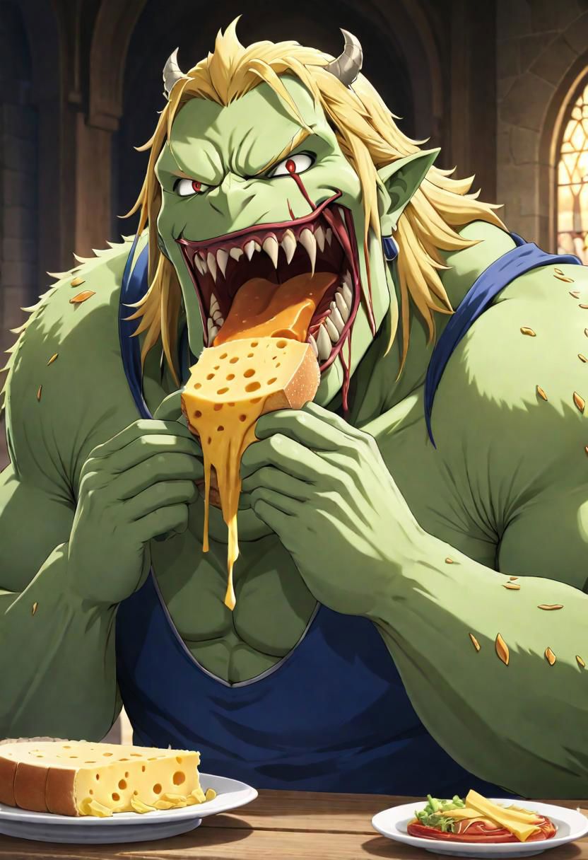 2d,anime,scene from fate/grand ogre,an astolfogre is eating a cheesnurger