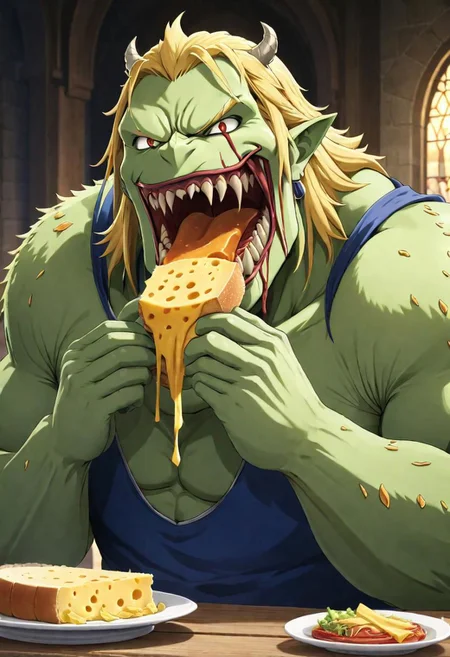 2d,anime,scene from fate/grand ogre,an astolfogre is eating a cheesnurger