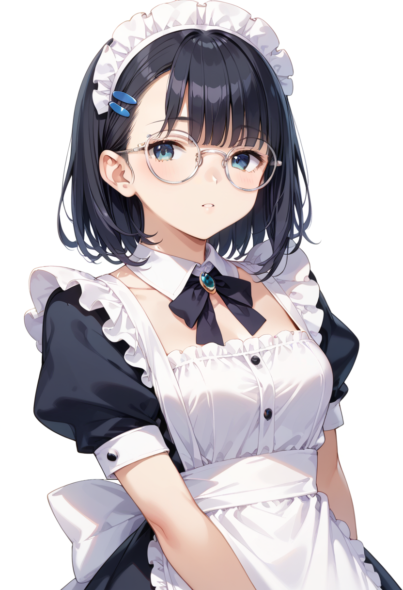 score_9, score_8_up, score_7_up, rating_safe, masterpiece, best quality, absurdres, unity 8k wallpaper, official art, official style, source_anime, uncensored, game cg, megami magazine,
1girl, solo, black hair, medium hair, upper body, covered eyes,maid, maid headdress, black dress, maid apron, face focus,
round_glasses22A, glasses, still life, white background, simple background, white-framed eyewear,
 <lora:glasses_Round_PONY_V1:1>