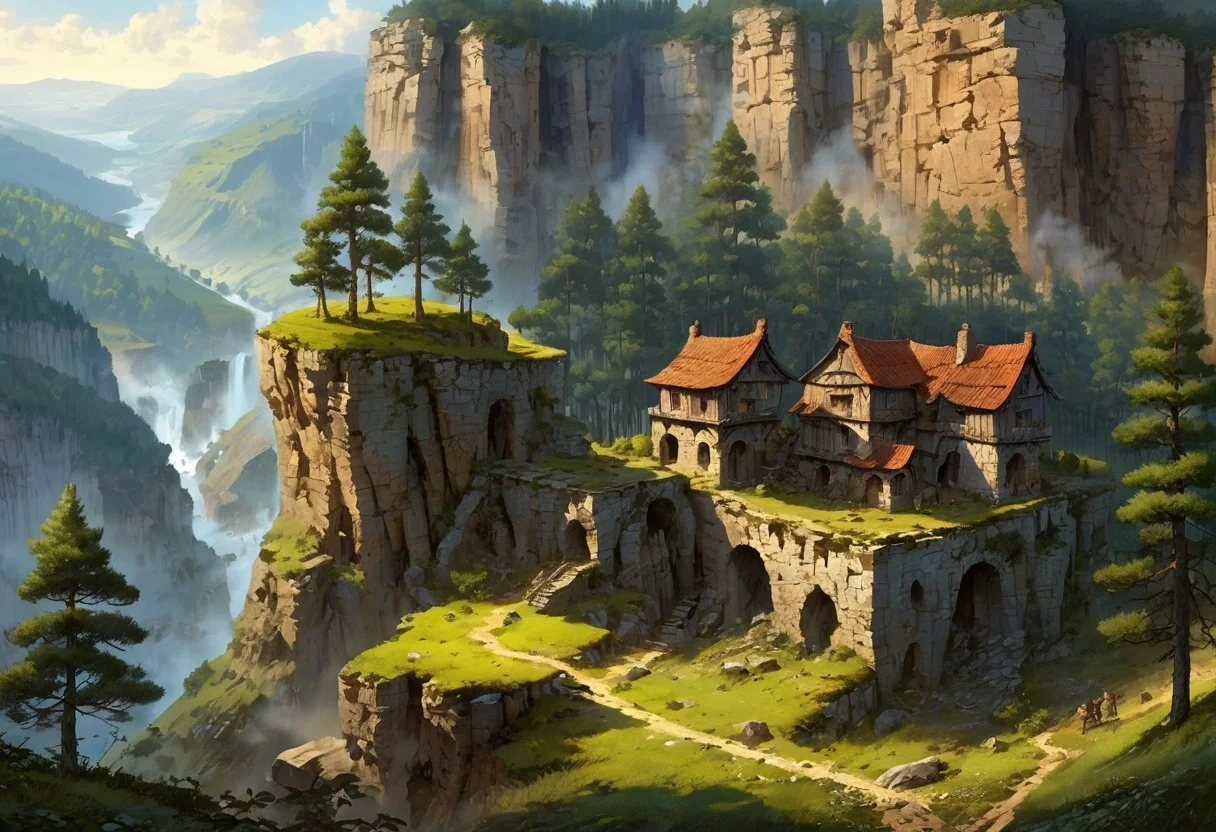 Pine tree plantations grow along cliff edge over looking a sheer drop into a bottomless gorge. A small farmhouse sits in the cliff face and produces smoke from a chimney. There are workers in the fields. There are huge copses of pine trees. Scattered ruins surround free standing glowing crystals, (Highest quality:1.0),(High resolution:1.0), (masterpiece:1.0), (overview:0.6), beautiful and aesthetic:1.3), extreme detailed, colorful, highest detailed,((ultra-detailed)),(highly detailed CG illustration),((Gloomy and Dark Atmosphere)),,