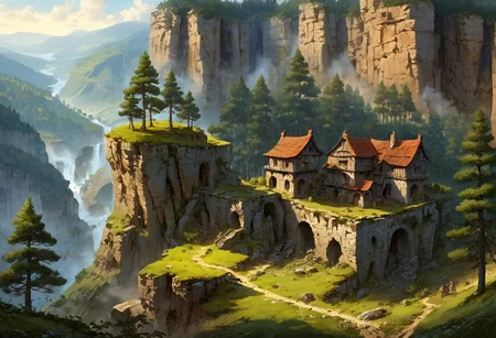 Pine tree plantations grow along cliff edge over looking a sheer drop into a bottomless gorge. A small farmhouse sits in the cliff face and produces smoke from a chimney. There are workers in the fields. There are huge copses of pine trees. Scattered ruins surround free standing glowing crystals, (Highest quality:1.0),(High resolution:1.0), (masterpiece:1.0), (overview:0.6), beautiful and aesthetic:1.3), extreme detailed, colorful, highest detailed,((ultra-detailed)),(highly detailed CG illustration),((Gloomy and Dark Atmosphere)),,