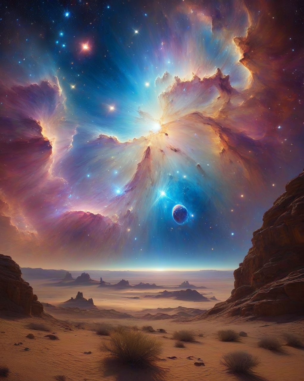 (Masterpiece, Best Quality, Highres:1.2), photoreal cinematic of a desert, background a distant blue planetary nebula, high fidelity, clarity, realistic, 4k, masterpiece