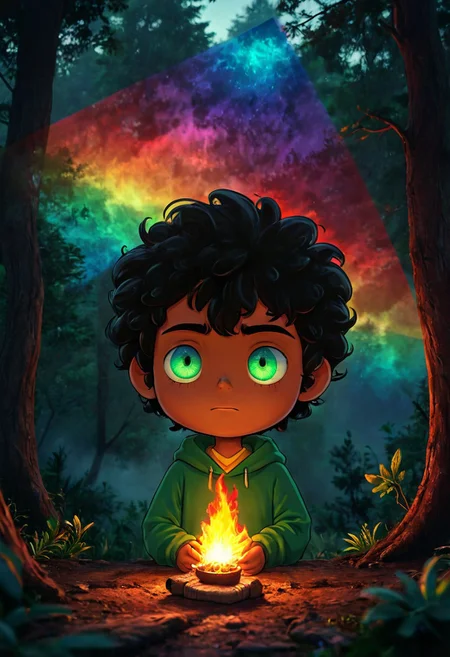 max (camp camp), dark fantasy theme, rainbow colored silhouette outline against a dark background,max (camp camp), 1boy, solo, human, male focus, curly black hair, curly tousled black hair, afro, dark skin, dark-skinned male, large eyes, round eyes, green eyes,small nose, triangular nose, pointed nose, beautiful forest horror, anime, magical fantasy, plasma pattern, dark lights
,epic, cinematic colors, masterpiece, detailmaximizer, midjourneyv6.1