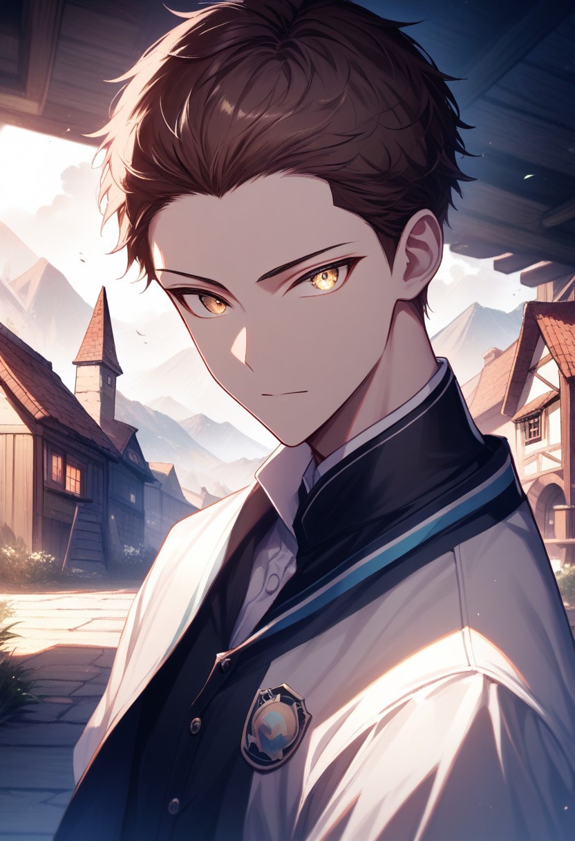 (best quality, masterpiece), 1 boy,18 years old, medieval village, dark mood, Arrogant,
brown hair, super short hair, no bangs, blue and white color student uniform
 , looking at viewer, Unobtrusive golden eyes, Dull golden eyes,