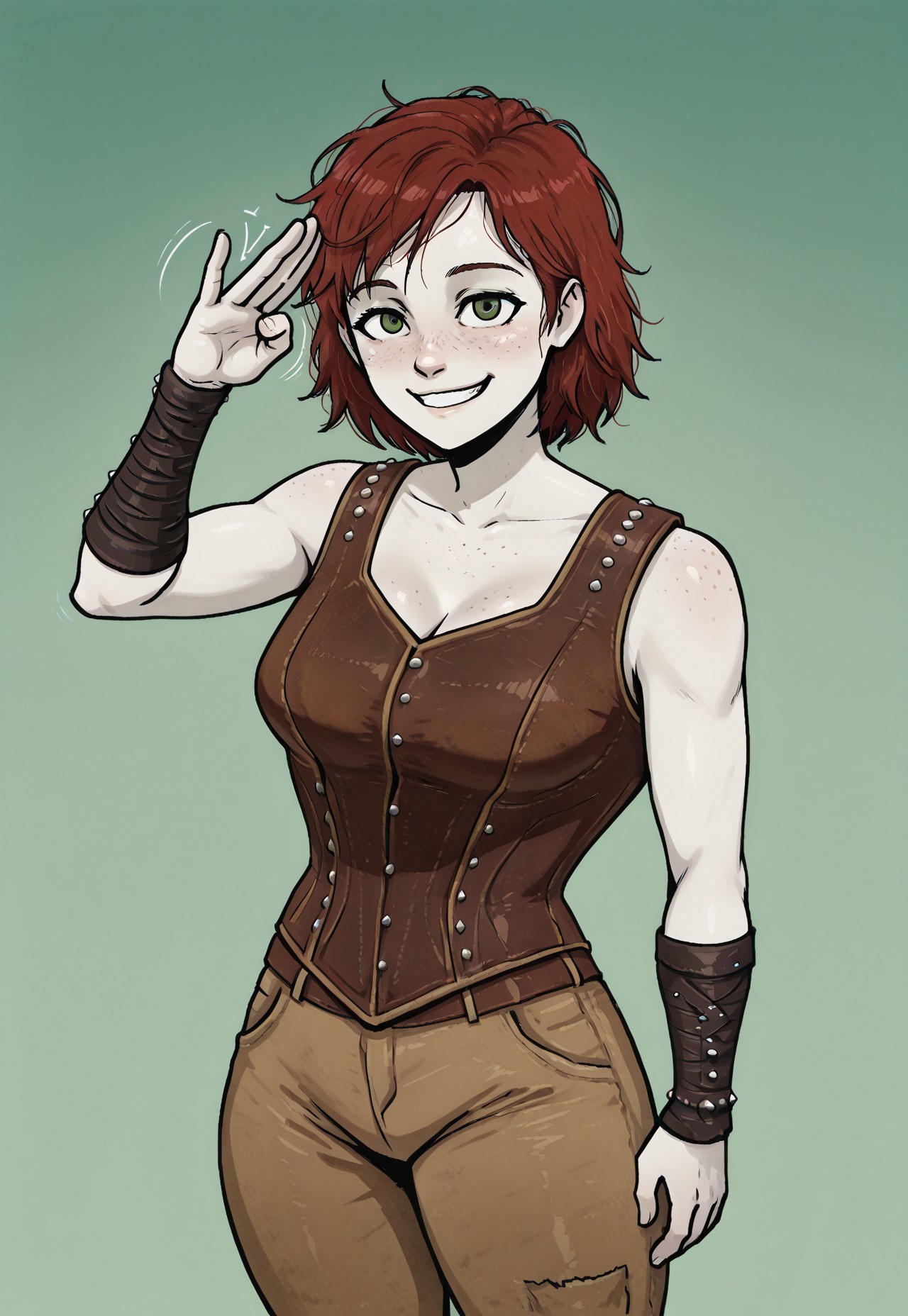 (masterpiece, high quality, amazing detail),
1girl, cait, solo, red hair, green eyes, freckles, short hair, messy hair, brown corset, studded arm wraps, pants,
salute gesture, smiling, tokafan, green gradient background, 2D, gradient, pale skin,