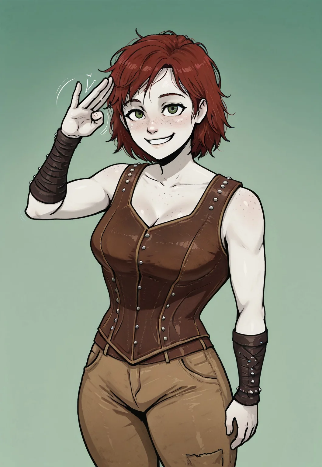 (masterpiece, high quality, amazing detail),
1girl, cait, solo, red hair, green eyes, freckles, short hair, messy hair, brown corset, studded arm wraps, pants,
salute gesture, smiling, tokafan, green gradient background, 2D, gradient, pale skin,