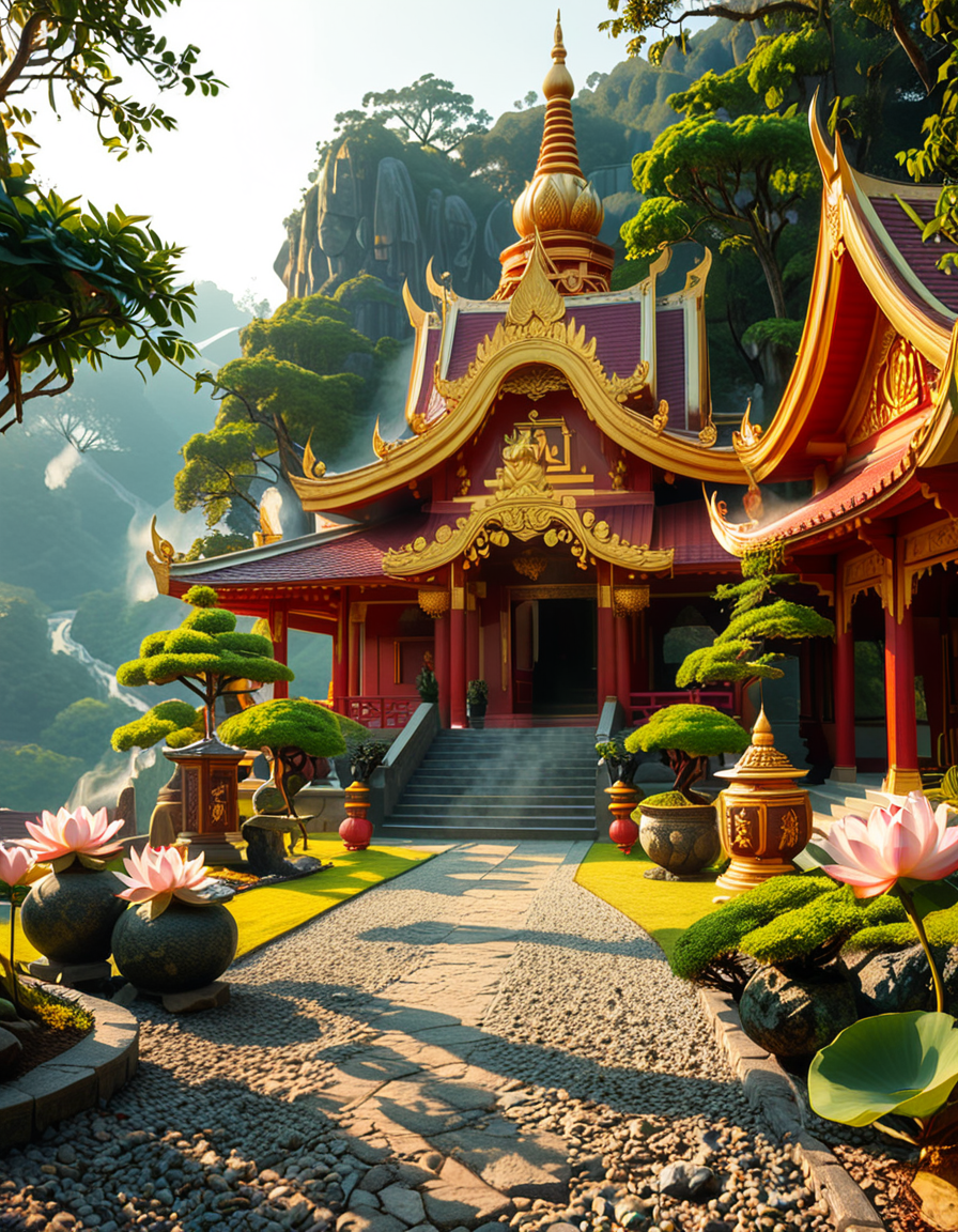 A majestic Buddhist temple nestled in a lush, misty mountain landscape. The temple features traditional curved rooftops with golden ornaments, intricate wooden carvings, and red and gold-painted walls. Large prayer flags in vibrant colors flutter in the wind, adding a spiritual atmosphere. A long stone staircase, partially covered in moss, leads to the main entrance, where a pair of large guardian statues stand watch. The scene is bathed in soft morning light, with gentle rays filtering through the mist, creating a serene and mystical ambiance. The background consists of towering green mountains and a sky with soft pastel hues. In the foreground, a Buddhist monk in deep orange robes walks peacefully along a stone pathway, holding a string of prayer beads. The overall composition conveys a sense of tranquility, spirituality, and harmony with nature.
<lora:SDXLFaeTastic2400:0.4> <lora:extremely_detailed:0.4> extremely detailed,<lora:Buddhist_t3mpl3:1>,Buddhist t3mpl3, Masterpiece,best quality,hi res,8k,hi res,8k,award winning,(sharp focus, intricate, highly detailed),