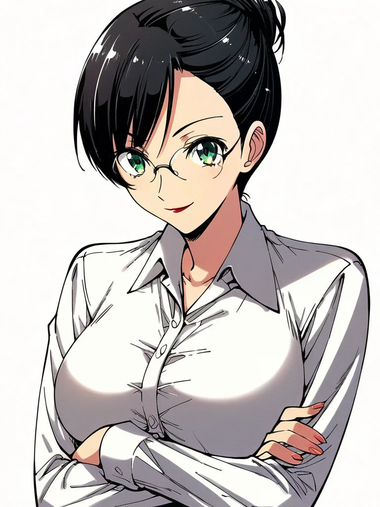 score_9, score_8_up, score_7_up, 
1girl, ino ayako, hair bun, black hair, asymmetrical bangs, glasses, large breasts, lipstick,
green eyes,
upper body, white shirt, collared shirt, long sleeves, crossed arms, looking at viewer, closed mouth, smile, white background, 