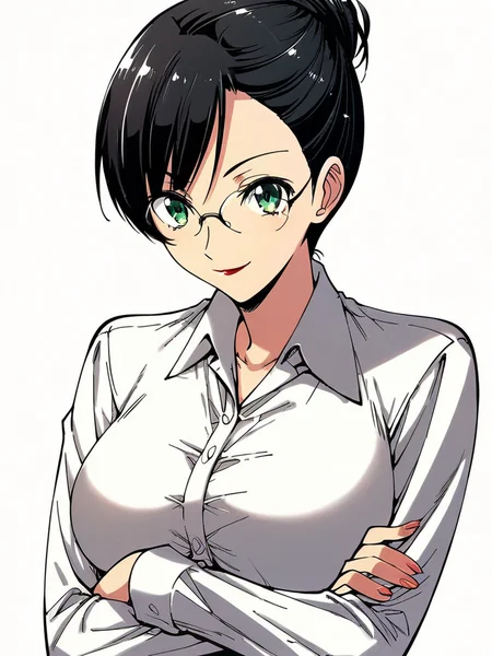 score_9, score_8_up, score_7_up,
1girl, ino ayako, hair bun, black hair, asymmetrical bangs, glasses, large breasts, lipstick,
green eyes,
upper body, white shirt, collared shirt, long sleeves, crossed arms, looking at viewer, closed mouth, smile, white background,
