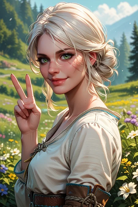 score_9, score_8_up, score_7_up,
<lora:CiriWitcher:0.8>
CiriWitcher, 1girl, white hair, green eyes, scar, looking at viewer, from side, wink, happy, smile, closed mouth, peace sign, flowers, meadow
