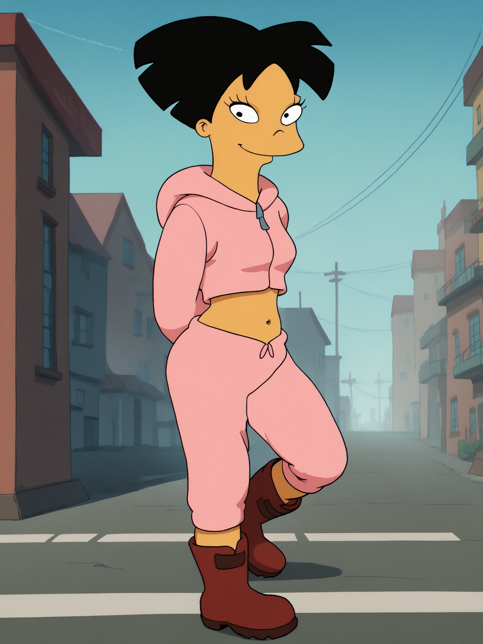 <lora:AmyWongPony1.2:1> amywong, black hair, solo, 1girl, black eyes, pink hoodie, navel, short hair, red boots, pink pants,looking at viewer,leg up,arms behind back, standing, cowboy shot,  smile, city,, score_9, score_8_up, score_7_up, score_6_up, score_5_up, score_4_up