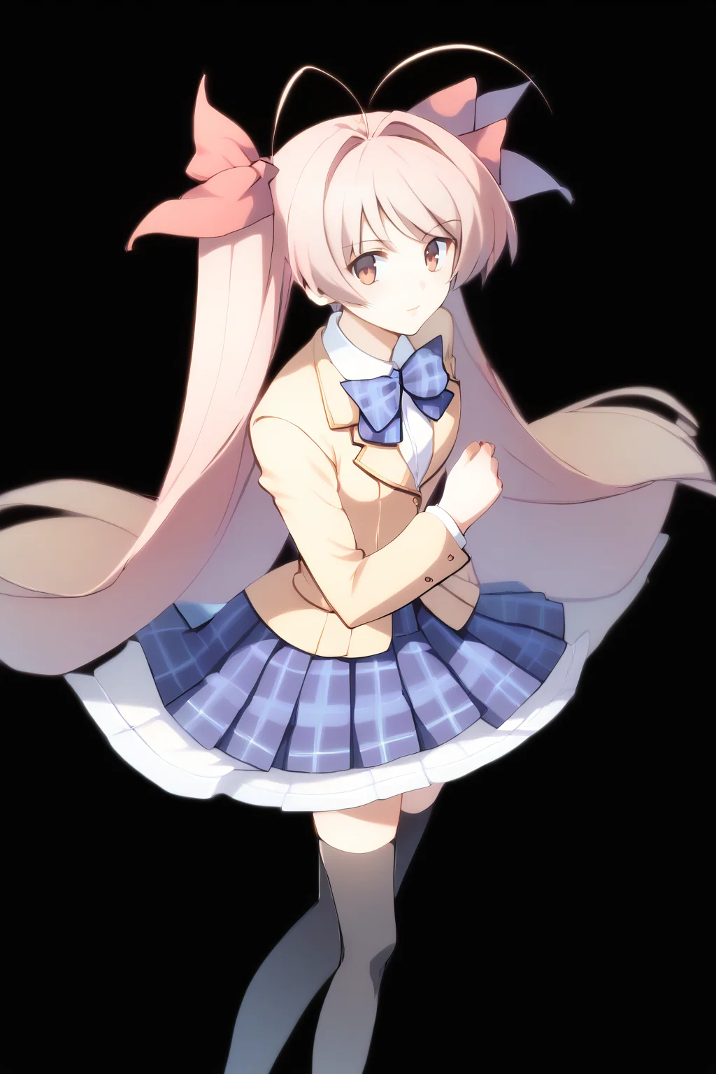 score_9, score_8_up, score_7_up, source_anime, best quality, masterpiece, 1girl, sakihata rimi, school uniform, hair ribbon, blazer, long sleeves, antenna hair, yellow jacket, blue bowtie, plaid skirt, hair bow, blue skirt, black thighhighs, looking at viewer, pleated skirt, zettai ryouiki, bow, plaid bow <lora:chaoshead_sakihata_ponyXL:1>  <lora:[Arc System Works] Blazblue Centralfiction StoryArcade Scenes CG Art Style PonyXL:1>