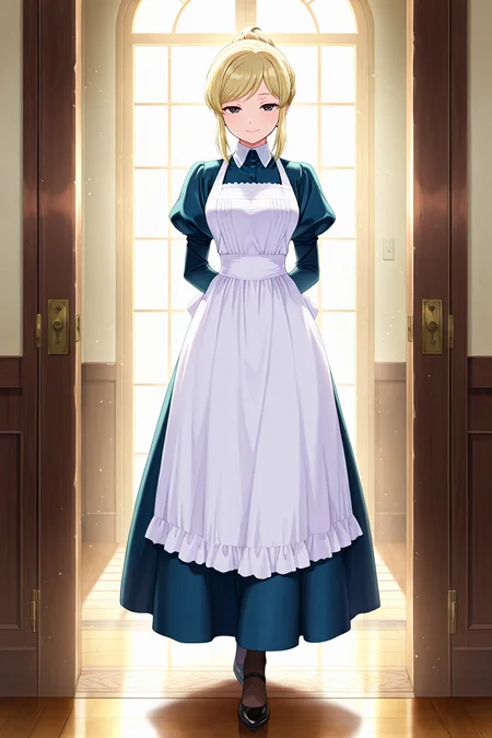 front view,
1girl,looking at viewer,full body,standing,seductive smile,
Best quality,masterpiece,soft light,official art,high quality,highres,absurdres,epic scene,natural textures,<lora:Eri Aizawa IL:1>,eri aizawa,blonde hair,sidelocks,black eyes,apron,juliet sleeves,