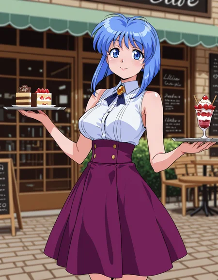 <lora:viper-f40-illustrious-000012:0.75> lilia, brooch, sleeveless shirt, high-waist skirt, purple skirt
1girl, solo, smile, holding tray, dessert, cafe, outdoors, depth of field
