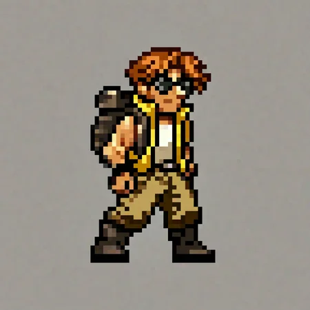 <lora:metalslugxl:1>, metalslugxl, pixelated, mspixel, score_9, score_8_up, score_7_up, (solo), 1boy, tarma, yellow vest, sunglasses, holding small pistol with both hands, hunched, brown pants, boots, backpack straps, brown hair, wristbands, full body, BREAK, snow background, cowboy shot, short stack, slim,