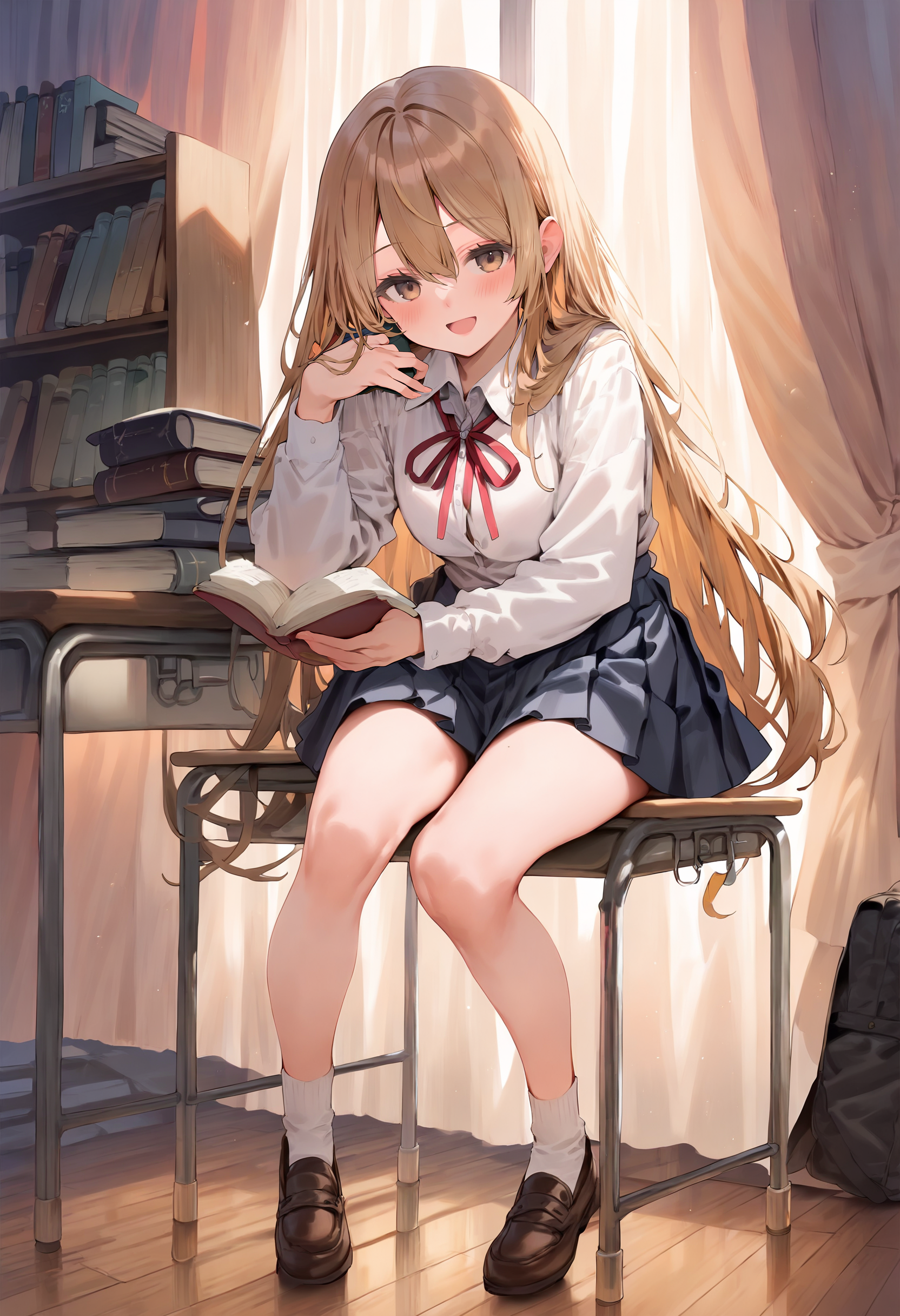 score_9,score_8_up,score_7_up,<lora:PDFA_Style6559515941d2a06gas10-000525:0.8>,1girl,solo,bangs,blush,smile,looking at viewer,:d,bag,black skirt,book,bookshelf,brown hair,brown skirt,chair,closed eyes,collared shirt,curtains,dress shirt,full body,hair between eyes,holding,holding book,indoors,long hair,long sleeves,neck ribbon,open mouth,pleated skirt,red ribbon,ribbon,school desk,school uniform,shirt,sitting,skirt,standing,very long hair,white shirt,window,wing collar