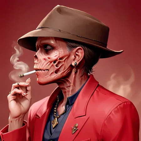 masterpiece,absurd resolution,8k,
fallout,ghoul,solo,simple background,1boy,hat,holding,jewelry,male focus,earrings,from side,profile,ring,red jacket,smoke,cigarette,smoking,holding cigarette
, <lora:fallout_xl:1>