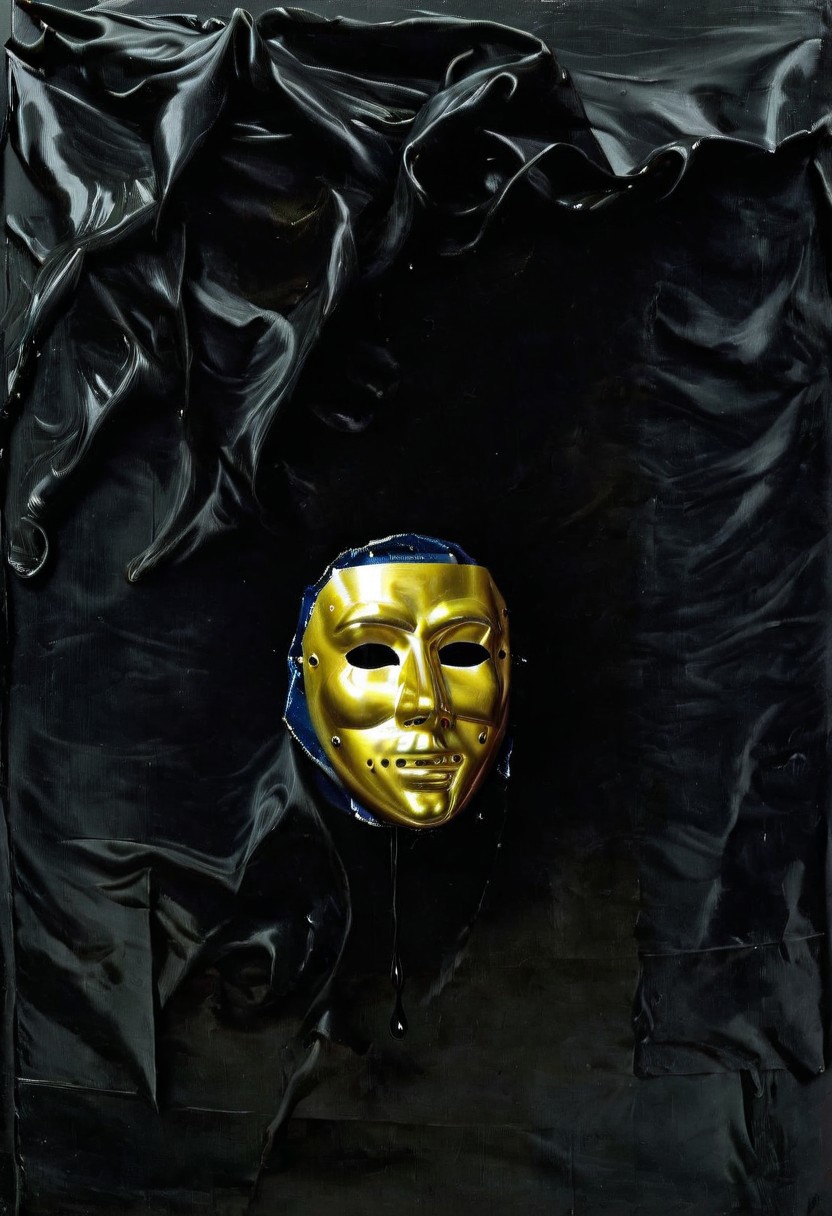 detailxl, easynegative, BREAK, solo, a painting of a wax mask in the style of godfried-schalcken, barely visible, horror theme, BREAK, darkness, at night, drooping wax, impossible architecture, black