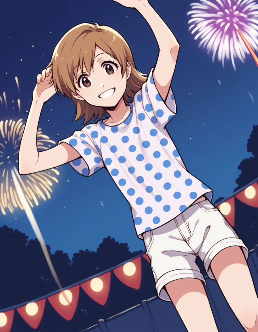 score_9, score_8_up, score_7_up, source_anime, <lora:yuzu-kurosaki-anime-ponyxl-lora-nochekaiser:1>, yuzu, short hair, brown hair, brown eyes,, shirt, short sleeves, shorts, polka dot, white shorts,, festival, fireworks, summer night, food stall, traditional, arms up,, smile, looking at viewer, elbow bent, hand on thigh, foot pointed, solo,, cowboy shot, dutch angle