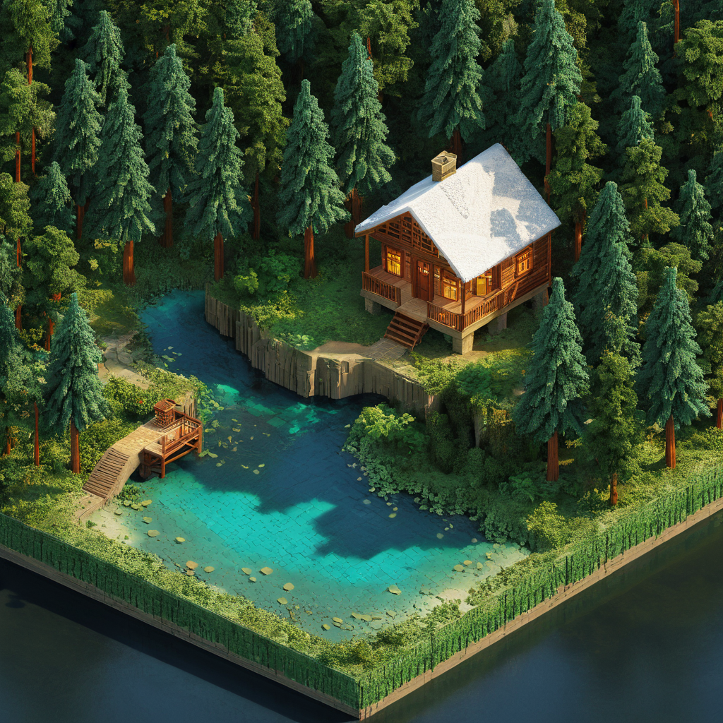 isometric style small cabin, forest, river, tilemapstyle, voxell, tile, scenery, <lora:TileMapStyle_v1:0.85> . vibrant, beautiful, crisp, detailed, ultra detailed, intricate